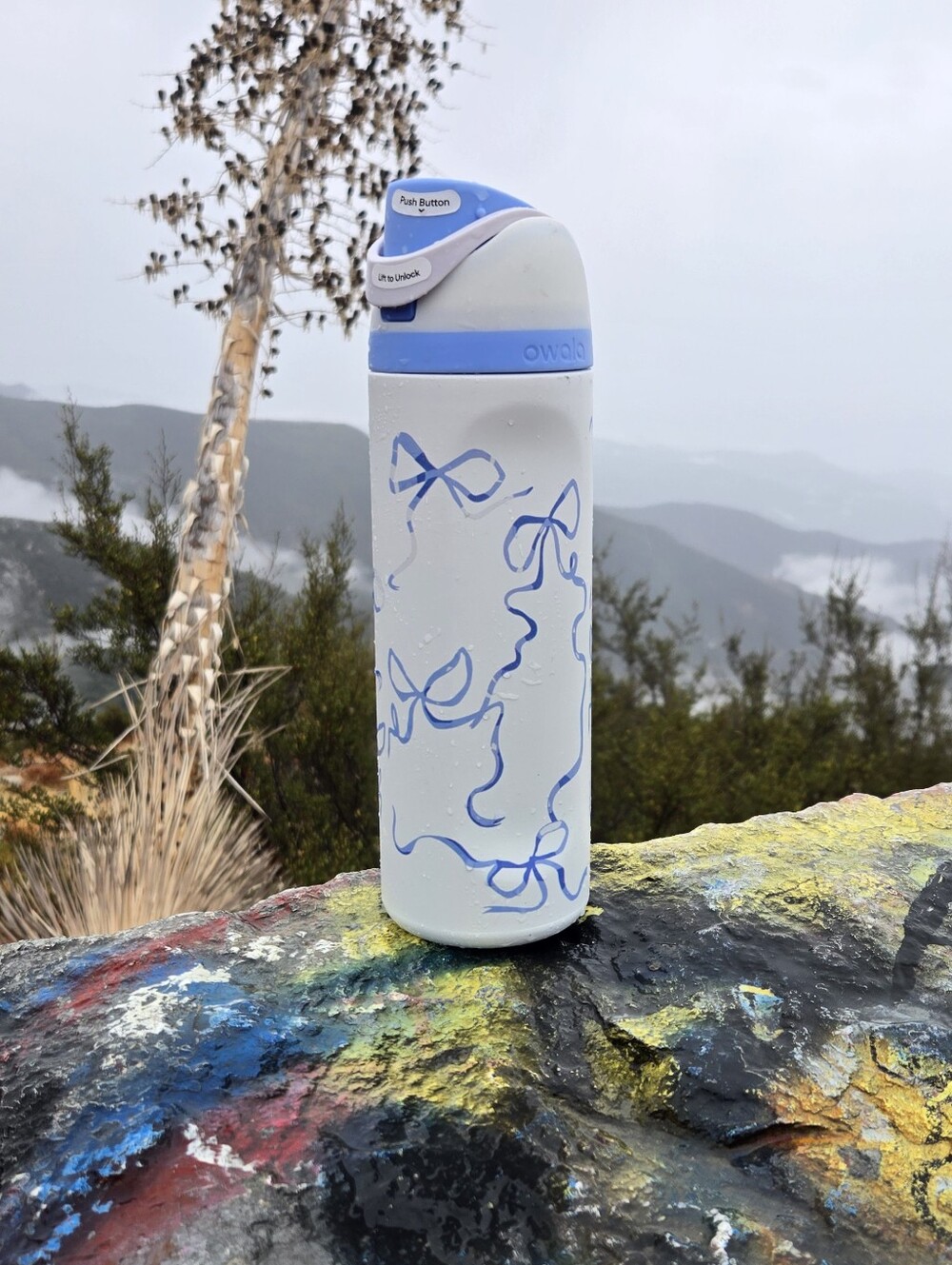 Yoga White & Light Blue Travel Bottle with Ribbon Motif